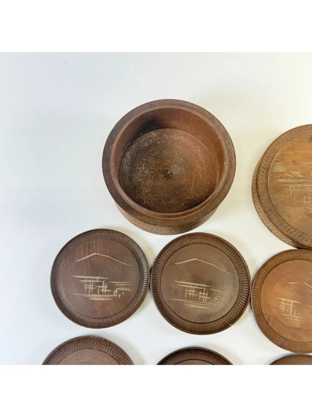 Vintage Japan Miyajima Satsuma Etched Wood Coasters Set Of 7 W/ Lidded Storage B